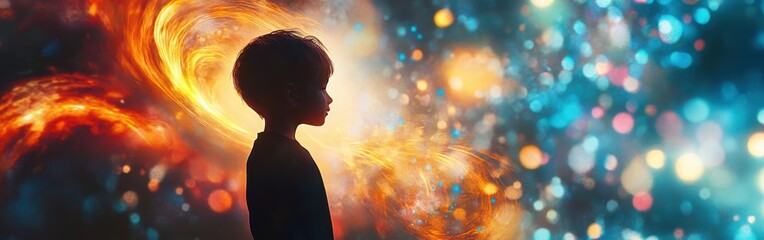 Aufkleber - Child glows in vibrant cosmic colors against a swirling background of energy and light