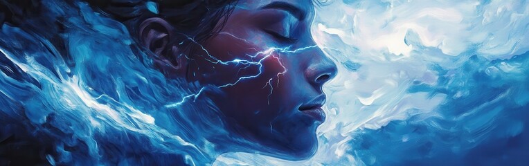 Aufkleber - Vibrant portrait of a woman with blue lightning and swirling clouds in an ethereal atmosphere