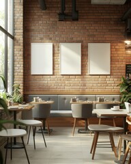 Wall Mural - Modern restaurant interior with brick wall, three blank frames, wooden tables, gray chairs, and natural light