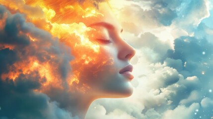 Aufkleber - Surreal glowing representation of a woman with clouds and light creating an ethereal atmosphere