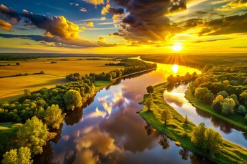 Canvas Print - Aerial Drone Shot: Golden Hour Sunset over Calm River