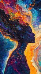 Poster - Serene portrait of a woman with colorful, flowing hair set against a vibrant cosmic background