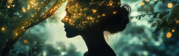 Poster - Serene portrait of a woman with a glowing aura surrounded by nature at dusk