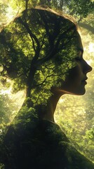 Aufkleber - Serene portrait of a woman with a glowing silhouette formed by lush green trees in a tranquil forest setting
