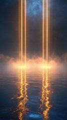 Poster - Striking golden beams illuminate tranquil waters beneath a twilight sky
