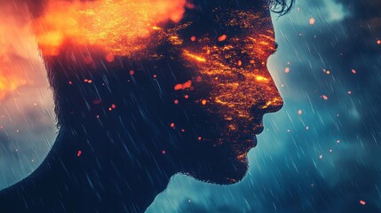 Aufkleber - Mystical profile of a man with vivid fiery patterns and rain set against a dramatic sky at twilight