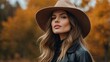 © fotofabrika - Woman poses in a stylish hat against a backdrop of vibrant autumn foliage during the fall season