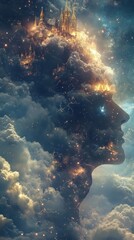 Poster - Mysterious profile of a man filled with cosmic landscapes and ethereal clouds at twilight