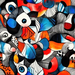 Poster - Dynamic doodle cartoon drawing in vibrant watercolor showcasing abstract shapes and colors