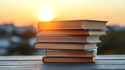 Sunset over stacked books outdoor reading spot photography serene environment calm viewpoint knowledge and reflection