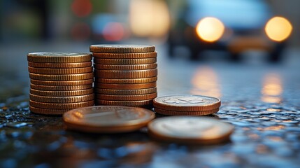 City street, rain, coins stacked, finance, blurry background