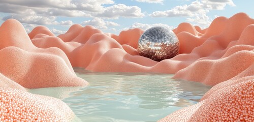 Poster - Abstract landscape with pastel orange hills, a calm body of water, and a reflective metallic sphere. Daytime setting with soft light