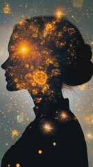 Poster - Conceptual representation of a woman's profile with cosmic elements symbolizing thoughts and imagination