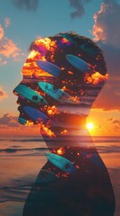 Leinwandbilder - Conceptual representation of a glowing man with ocean and surfing elements at sunset