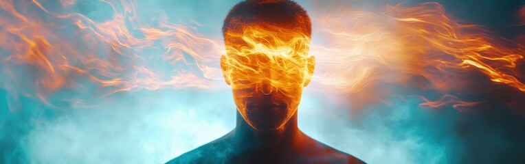 Poster - Man radiating vibrant energy with glowing flames in a mystical setting at dusk