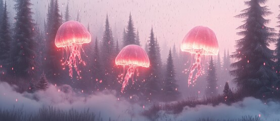 Poster - Pink glowing jellyfish float over a snowy forest at dawn. Soft, ethereal lighting creates a magical, dreamlike atmosphere