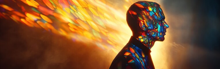Poster - Conceptual profile of a man illuminated with colorful light patterns against a blurred background showcasing creativity and introspection