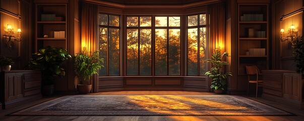 A professional virtual background of a cozy office with warm lighting patterned rugs and a large bay window