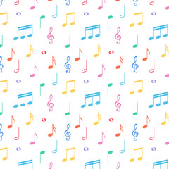 Wall Mural - Colorful music notes seamless pattern.Repeat pattern with musical note isolated on white background.Vector graphic illustration.