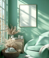 Wall Mural - Relaxing light green living room corner featuring a comfortable armchair, wooden side table, dried flowers, and a large empty frame. Natural light