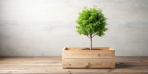 A vibrant young tree planted in a rustic wooden planter box against a textured wall background