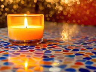 Aufkleber - Candle illuminates colorful tabletop, creating a warm atmosphere for relaxation or celebration in the evening