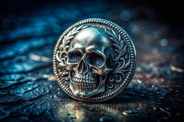 Antique Silver Skull Coin:  Dark Moody Still Life Photography