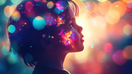 Poster - Child glowing with vibrant colors against a mesmerizing background in a playful and imaginative moment
