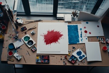 Aufkleber - An artist's workspace displayed from above, with scattered brushes, colorful paint splashes, and unfinished canvases highlighted by sunlight streaming through a window