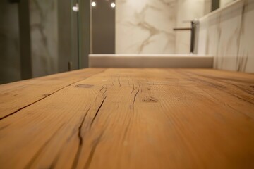 Aufkleber - A rustic wooden table is featured prominently, with a blurred white marble bathroom sink creating a serene backdrop. Subtle reflections enhance the ambiance