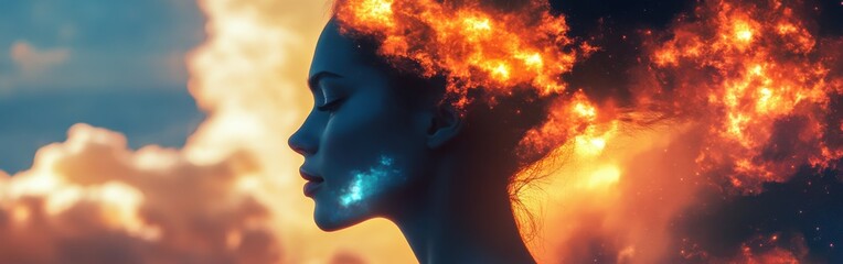 Aufkleber - Surreal representation of a glowing woman amidst fiery clouds at twilight in an ethereal landscape