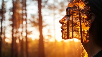 Poster - Close-up features a woman's face merging with a man's profile against a tranquil forest backdrop at sunset, showcasing a captivating double exposure effect
