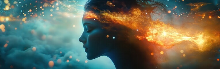 Poster - Surreal depiction of a glowing woman surrounded by ethereal light in a dreamlike atmosphere