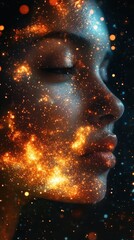 Aufkleber - Surreal portrait of a glowing woman’s face with cosmic patterns at night