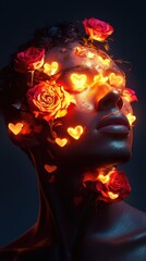 Poster - Surreal portrait featuring a glowing man's face adorned with roses and hearts in a dark environment
