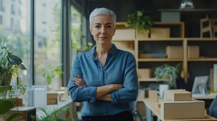 Aufkleber - Professional woman confidently poses in a modern office filled with plants and natural light during daylight hours