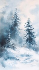 Aufkleber - Soft winter watercolor landscape blending serene trees and gentle snow in a tranquil forest setting