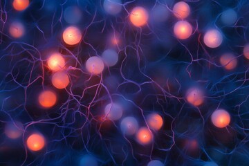 Fototapete - This artwork features a detailed abstract neural network with radiant blue and orange nodes interconnected by vibrant lines, set against a dark backdrop