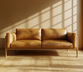 Wall Mural - Tan leather sofa in a minimalist room with sunlight streaming through a window, creating warm shadows on the light wood floor