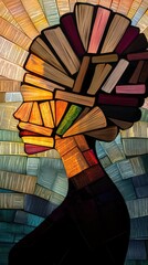Poster - Serene portrait of a woman glowing with a creative display of books in various colors and textures