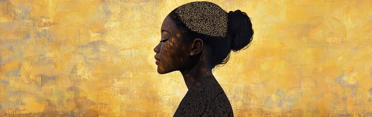 Poster - Serene portrait of a glowing woman against a golden textured background at sunset