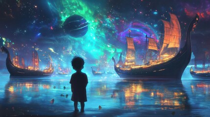 Poster - Silhouette of a child gazing at cosmic ships on a tranquil waterfront during dusk