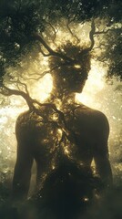 Aufkleber - Mans silhouette surrounded by mystical trees and glowing light in an enchanting forest