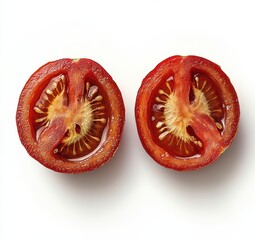 Wall Mural - Two halves of a red tomato, glistening, on a white background