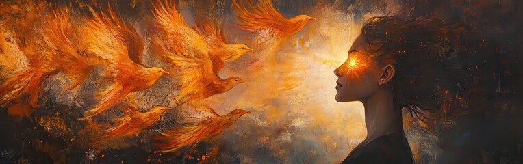 Poster - Mystical depiction of a glowing woman surrounded by vibrant, fiery birds under a dramatic celestial backdrop