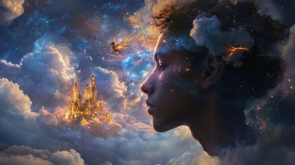 Poster - Mystical profile of a man filled with celestial elements and a glowing castle against a cosmic background