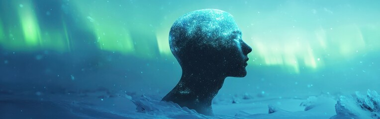 Poster - Mystical profile of a man illuminated by northern lights within an ethereal landscape of swirling colors and snow