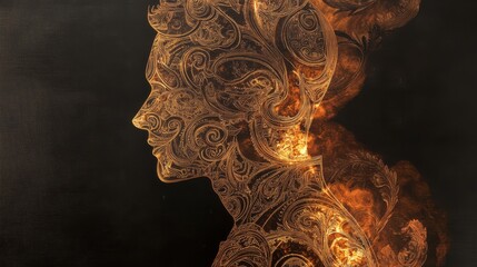 Poster - Mystical profile filled with intricate patterns and fiery elements showcasing a man's essence and emotions