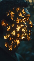 Poster - Mystical profile of a man illuminated by nature's patterns in warm golden hues during twilight