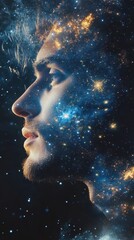 Poster - Mystical portrayal of a man's face illuminated with celestial elements and cosmic background at night